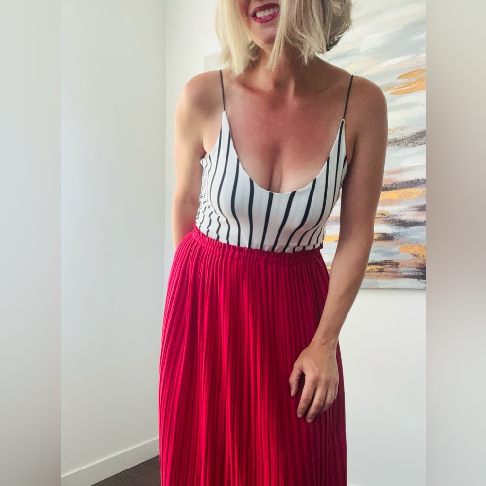 GAZE White and Black Vertical Striped Bodysuit Medium